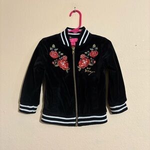 Betsey Johnson Black Velour Embroidered Rose Zipper Jacket 2T